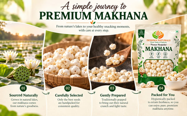 Deshma Naturals 5+ Suta Handpicked Premium Makhana | Large Fox Nuts | Light & Premium Phool Makhana | Naturally Gluten-Free Snack | Healthy Everyday Snacking