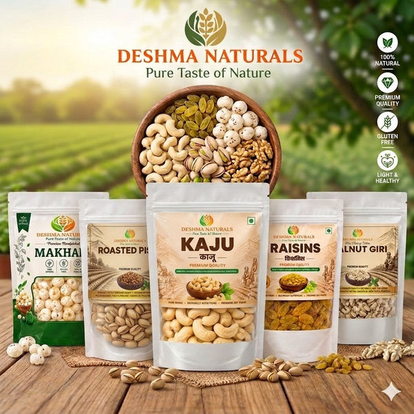 Deshma Naturals Premium 5-in-1 ,Dry Fruits Combo Pack | Makhana, Kaju, Roasted Pista, Raisins & Walnut Giri | Premium Quality Healthy Snacking Gift Pack
